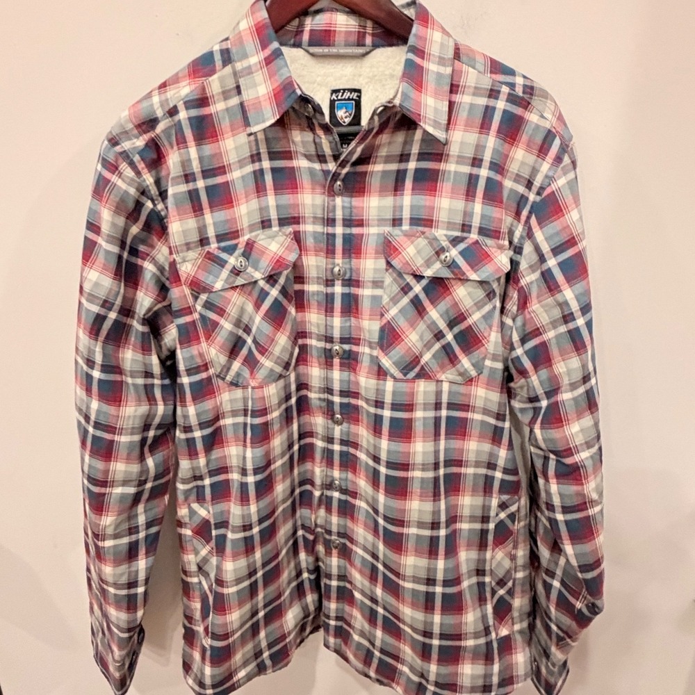 Kuhl‎ Joyrydr Mens Medium Plaid Fleece Lined Flannel Shirt Jacket Red Blue NWOT